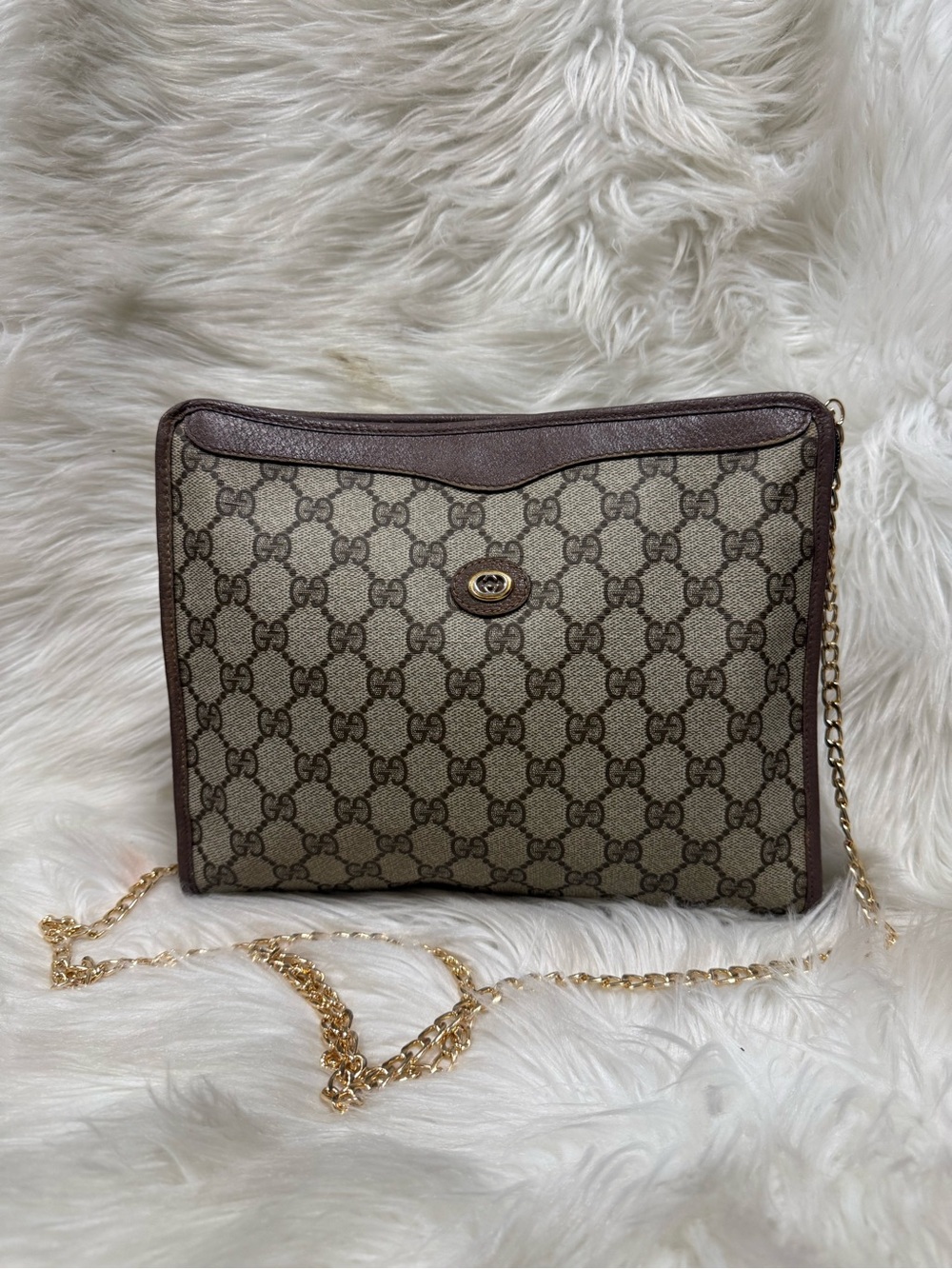 Authentic Gucci Brown GG Monogram Crossbody Bag with Gold Chain